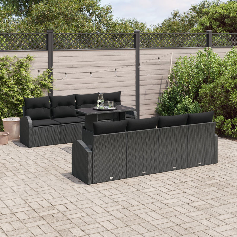 9-Delige Tuin Sofa Set Met Kussens Zwart Poly Rattan