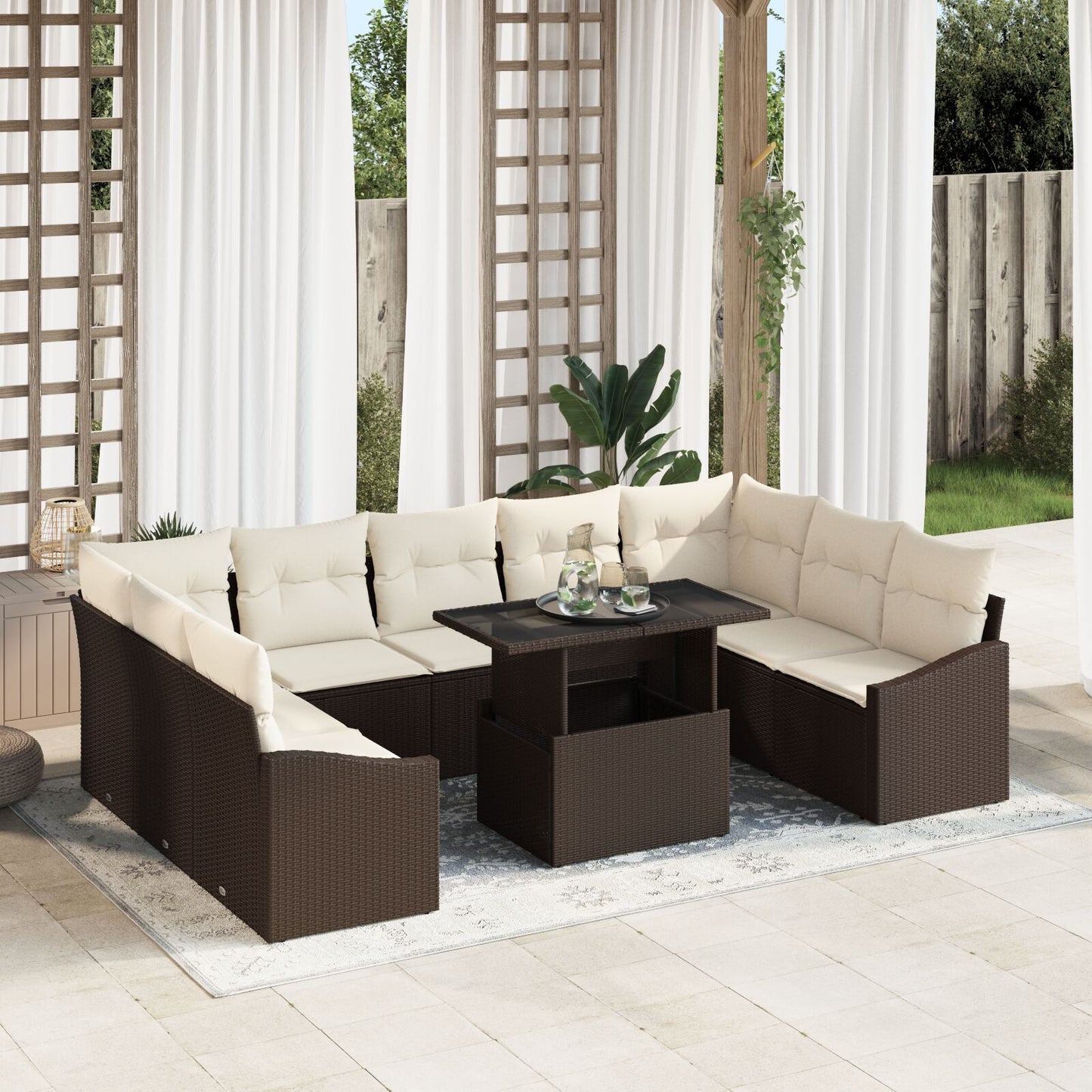 Tuinbank Set Set Van 10 Bruin En Crème Rattan En Polyester