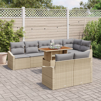 9-Piece Tuin Eetset Met Kussens Beige Poly Rattan Acacia