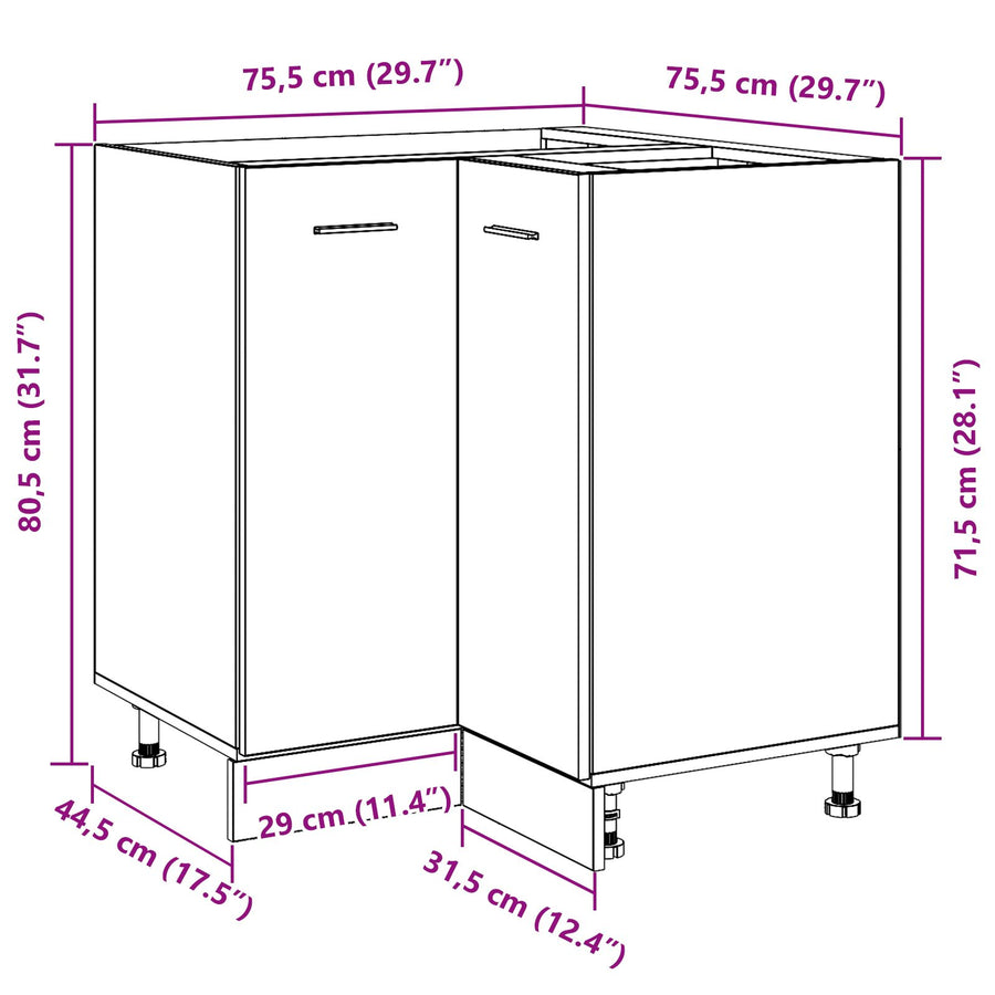 Zwarte Eiken Hoek Onderkast - 75.5X75.5X81.5 Cm