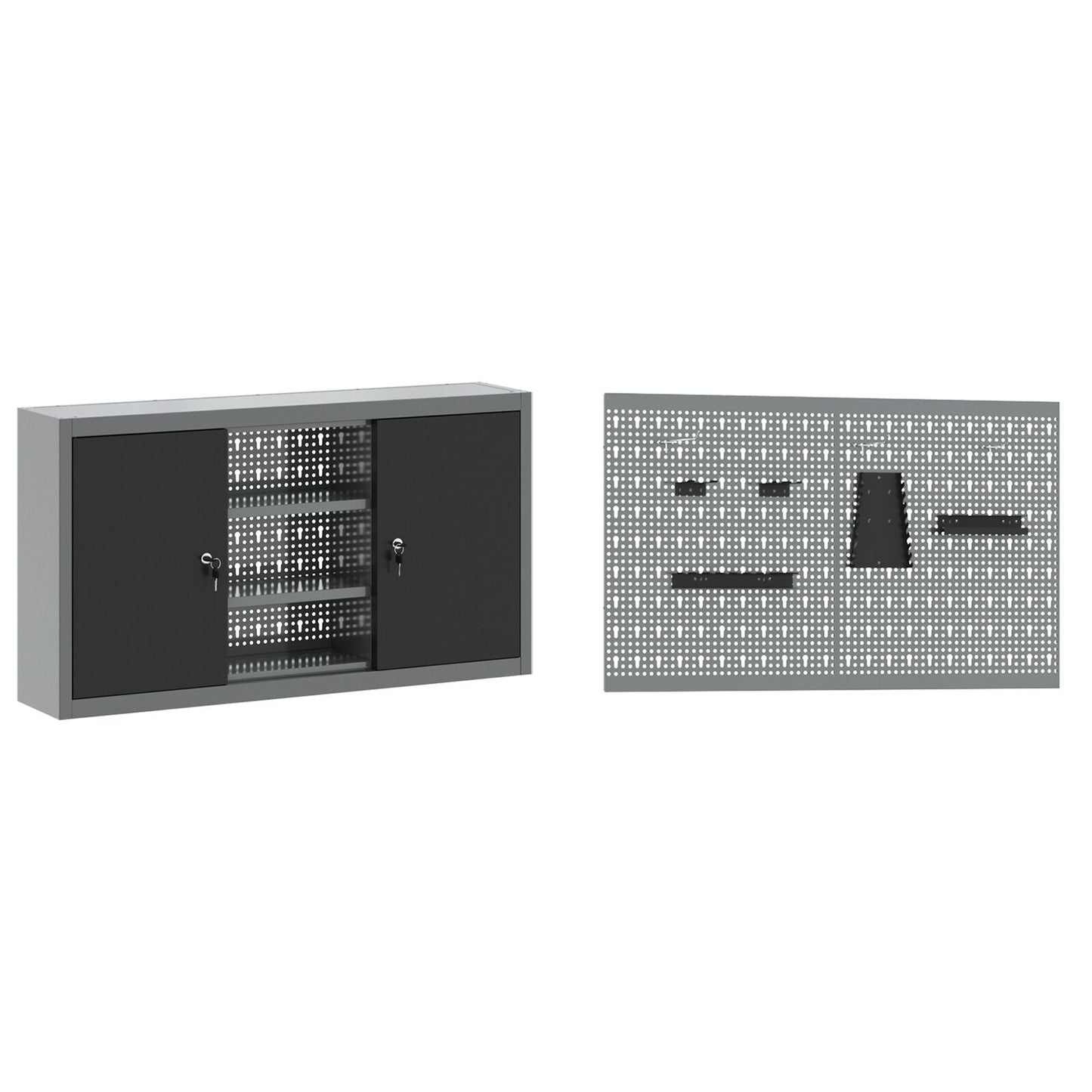 5-Delige Werkbank Set Staal 2x (84/85 cm) Zwart 2x kast + 2x pegboard + kast met deur