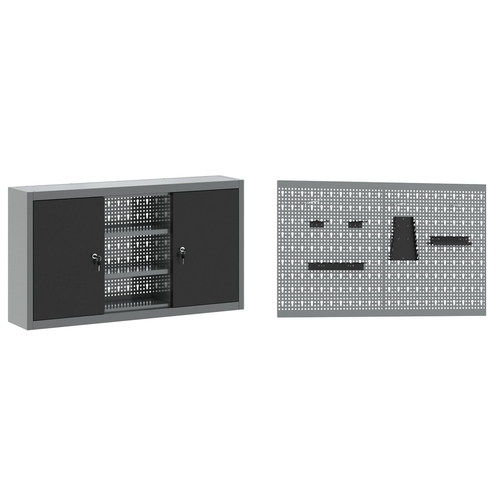 5-Delige Werkbank Set Staal 2x (84/85 cm) Zwart 2x kast + 2x pegboard + kast met deur