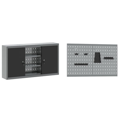 5-Delige Werkbank Set Staal 2x (84/85 cm) Zwart 2x kast + 2x pegboard + kast met deur