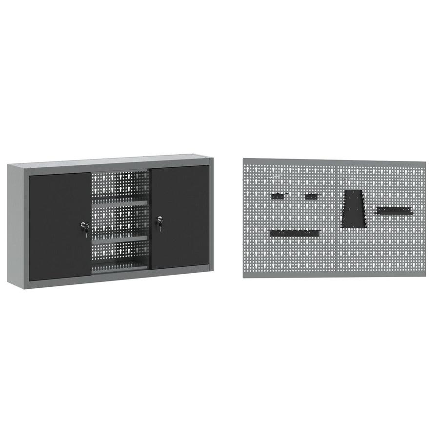 5-Delige Werkbank Set Staal 2x (84/85 cm) Zwart 2x kast + 2x pegboard + kast met deur