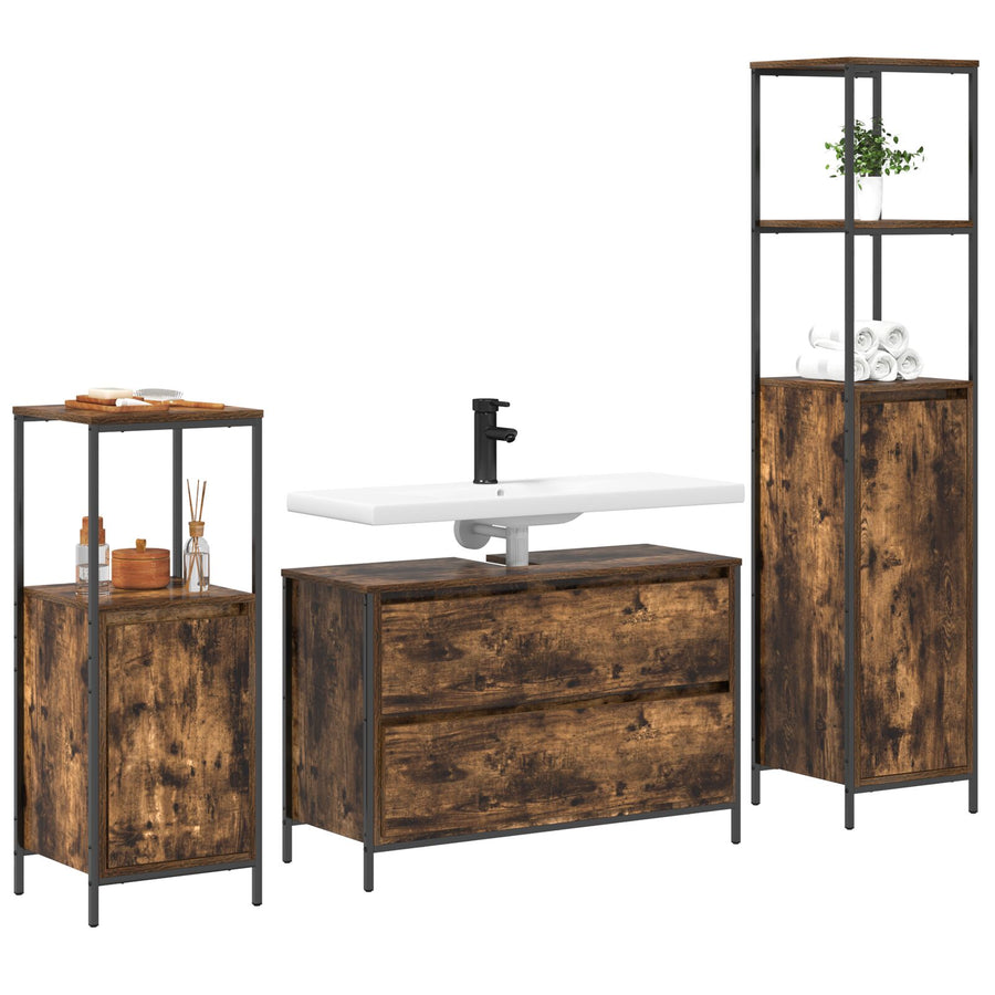 3 Delige Badkamermeubelset Smoked Oak Engineered Wood Gerookte eiken
