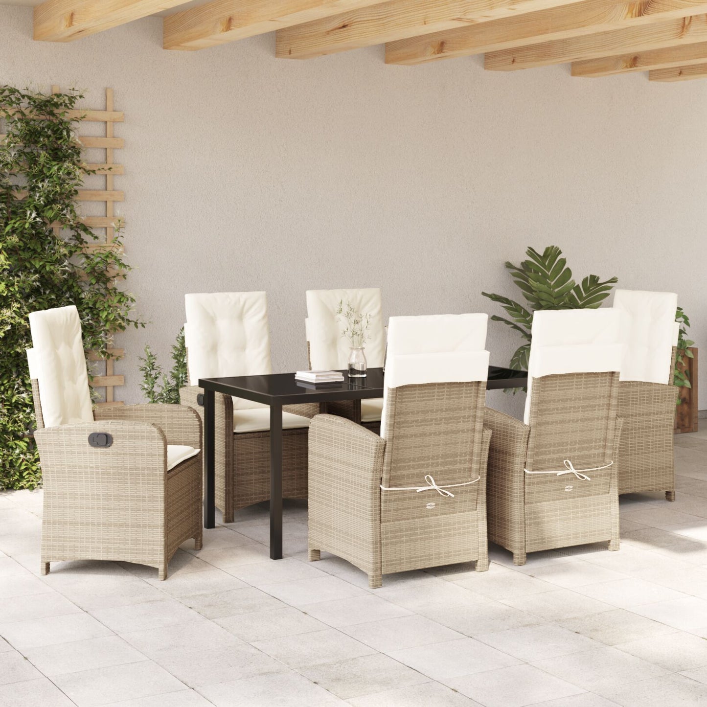 7-Delige Tuin Eetset Met Kussens Beige Poly Riet