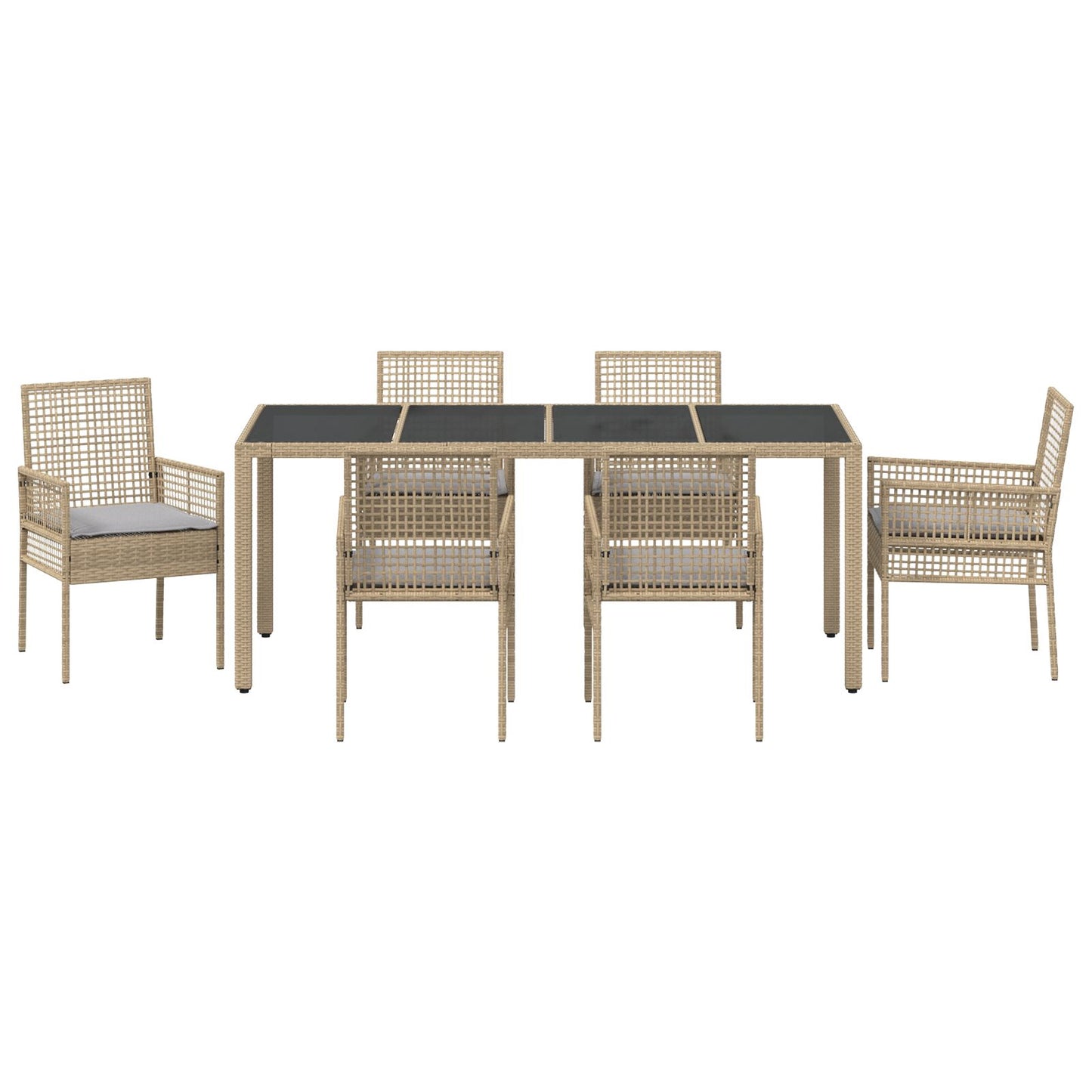 Set Van 4 Beige Poly Rattan, Gehard Glas, Gepoedercoat Staal