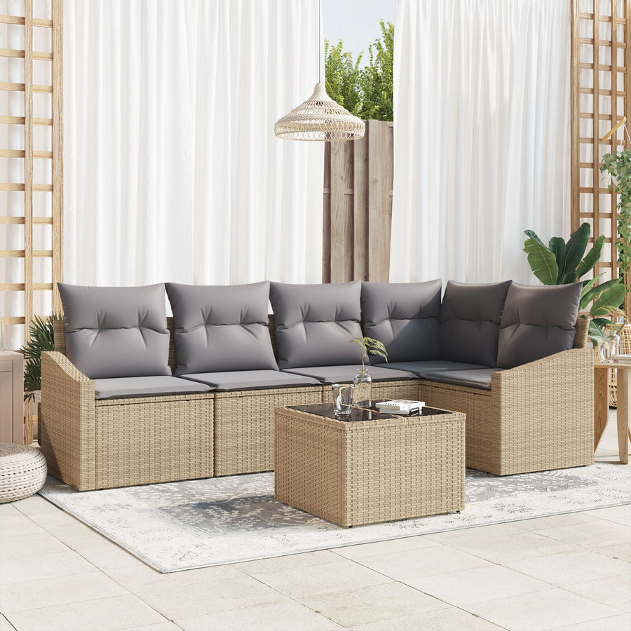 Tuinbankset Set Van 6 Beige En Grijs Rattan Buitenhoekbank