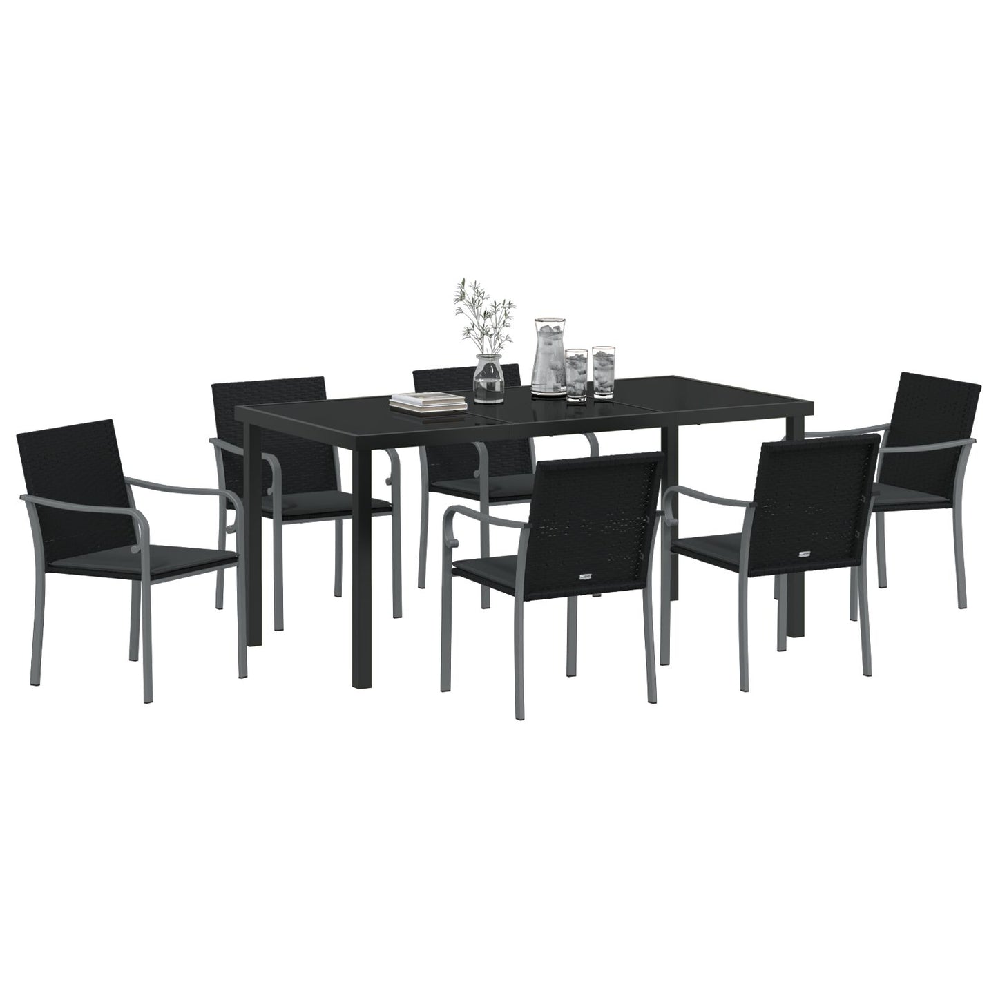 7-Delige Tuinset Met Kussens Poly Rattan 6-Zitplaats Zwart 160 cm