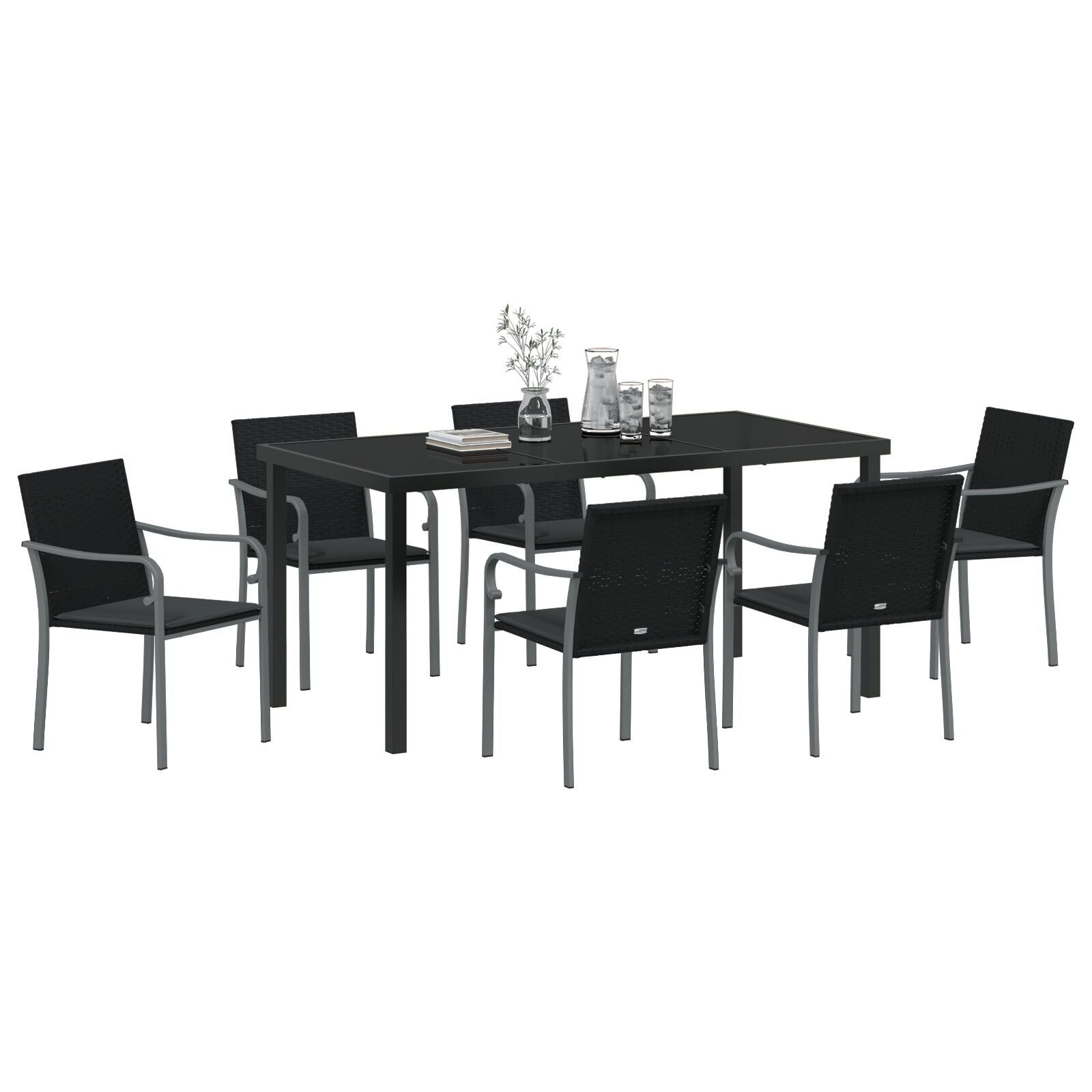 7-Delige Tuinset Met Kussens Poly Rattan 6-Zitplaats Zwart 160 cm
