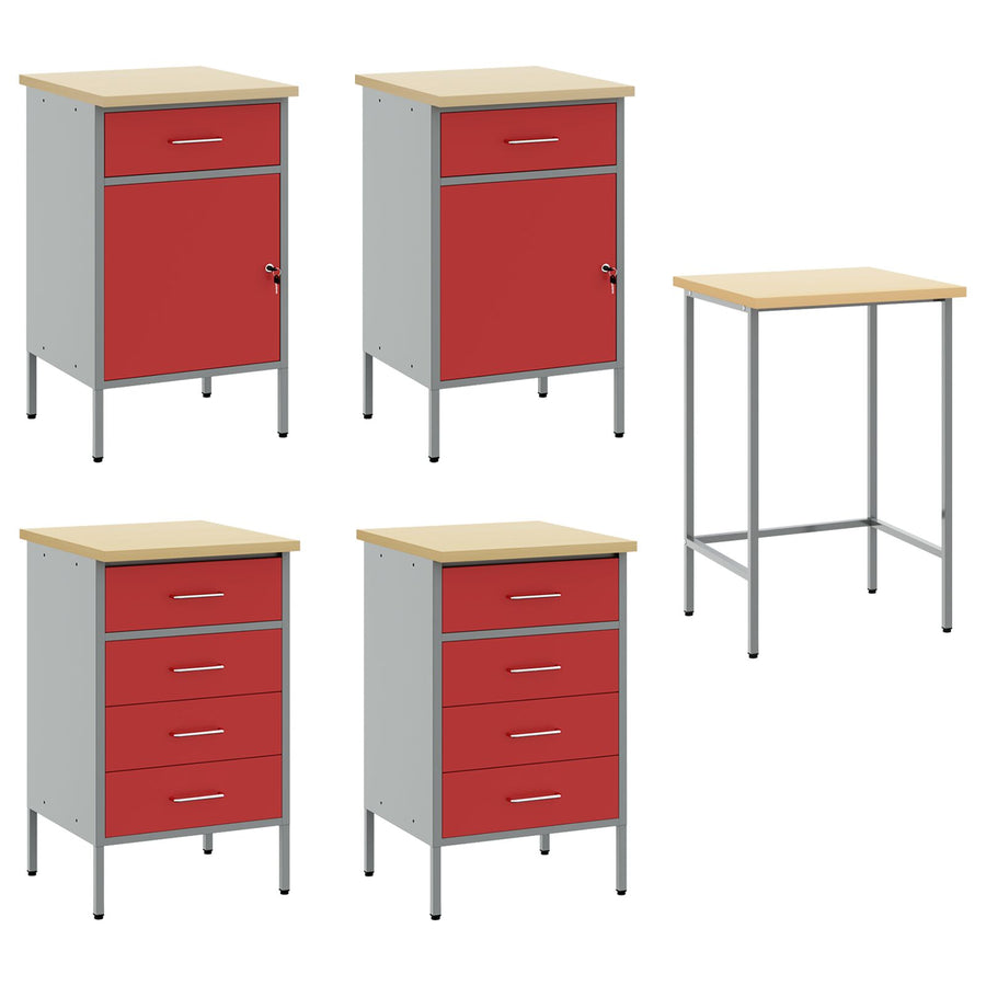 5-Delige Werkcabinet En Hoektafel Set Gelaagd Hout 4x (2x84/2x85 cm) Rood Tafel + 4x kast