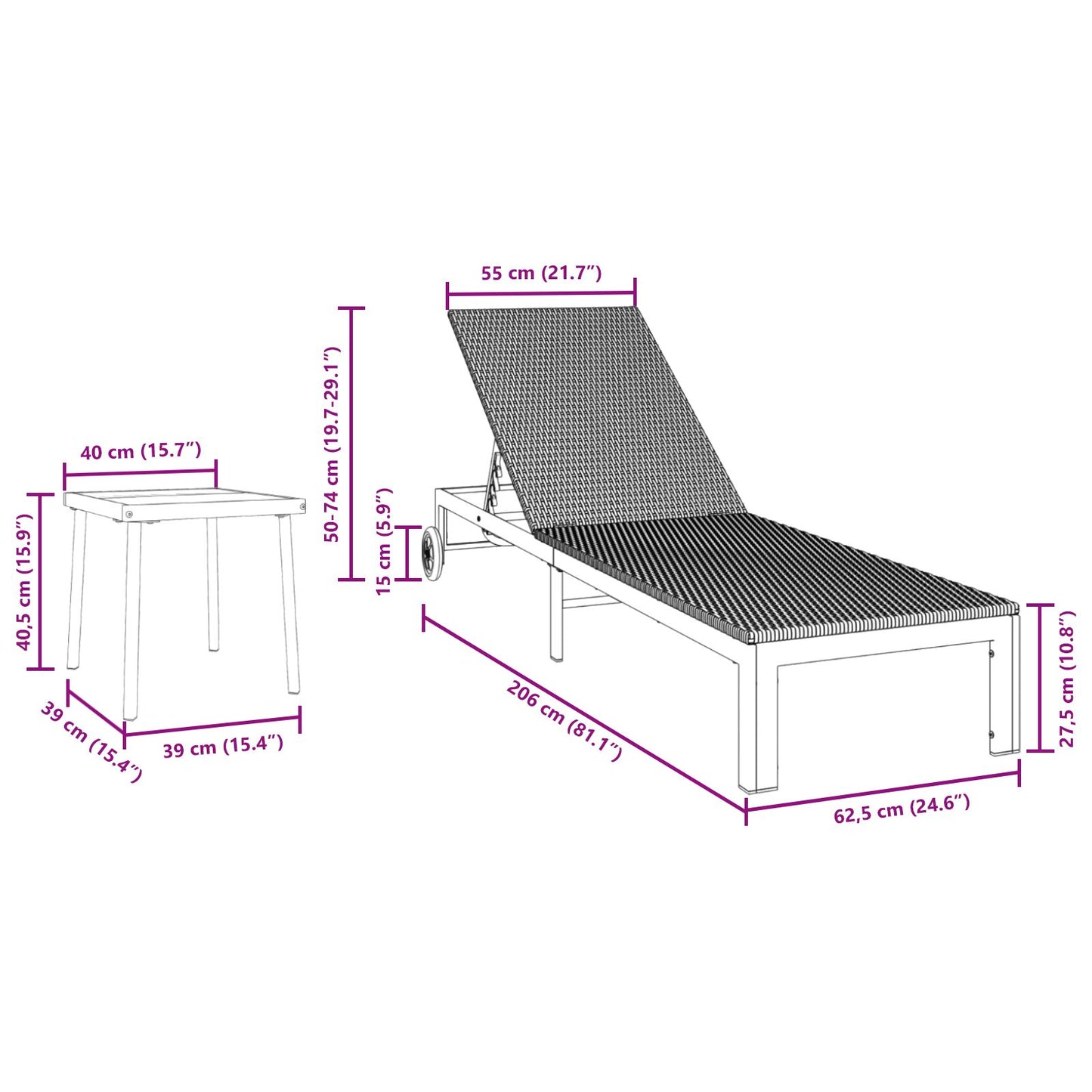 Zonnebedden 2 Stuks Met Wielen En Tafel Poly Rattan Zwart