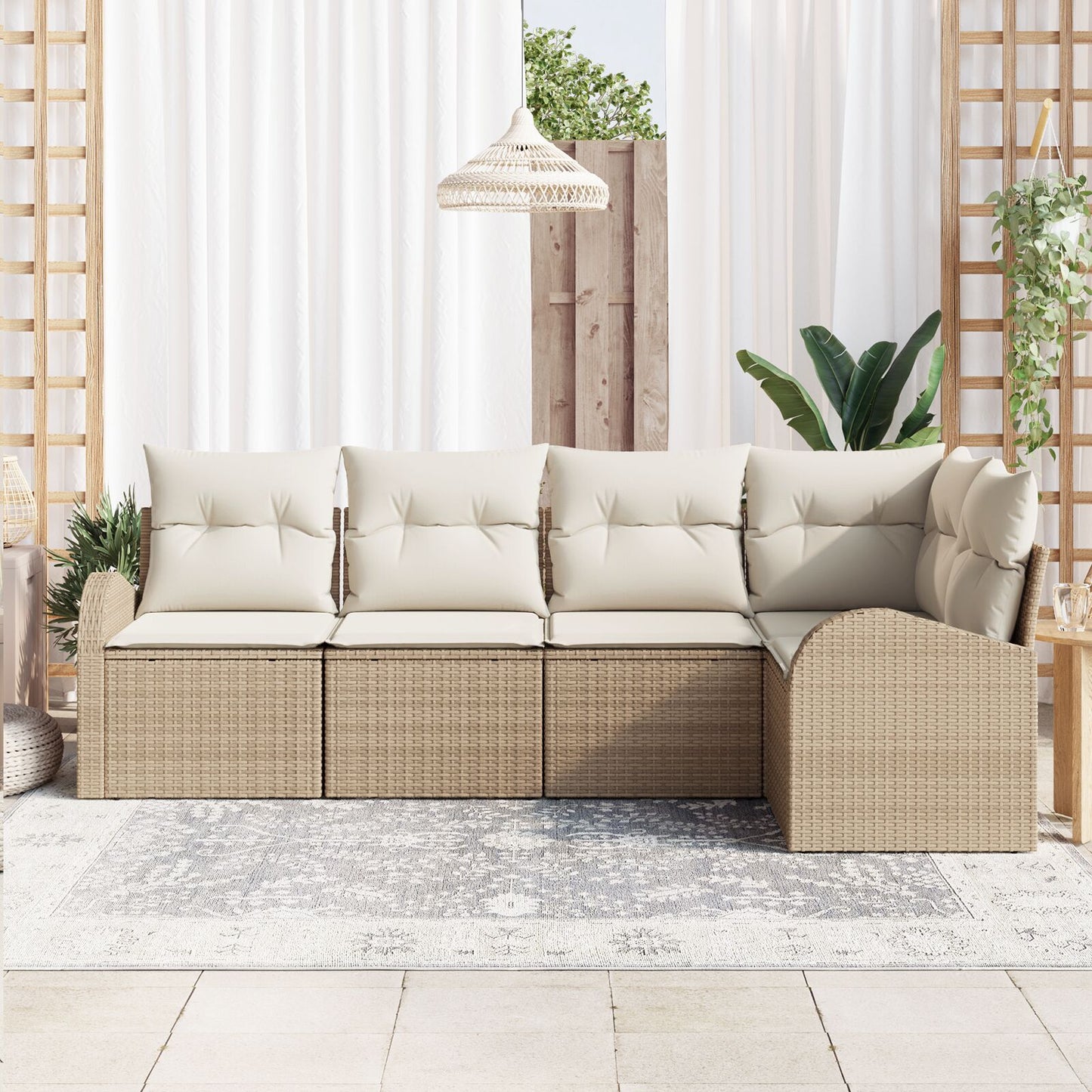 5-Delige Tuin Sofa Set Met Kussens - Poly Riet Beige en crème zonder tafel