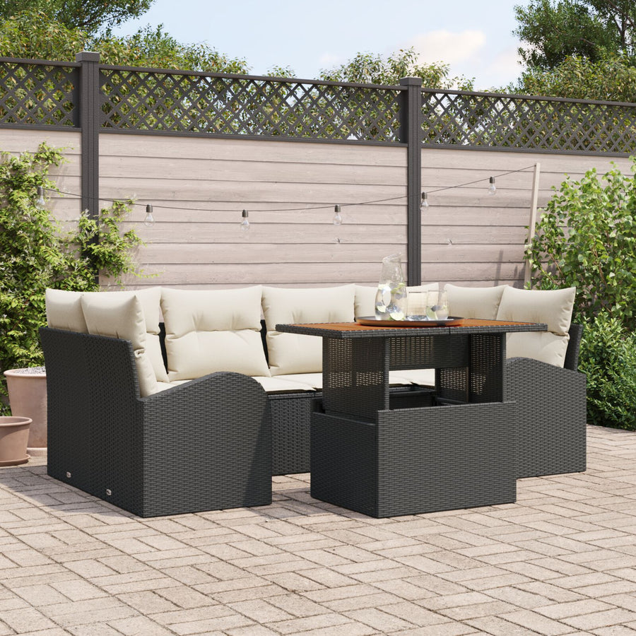 7-Delige Tuin Eetset Met Kussens Zwart Poly Rattan Acacia