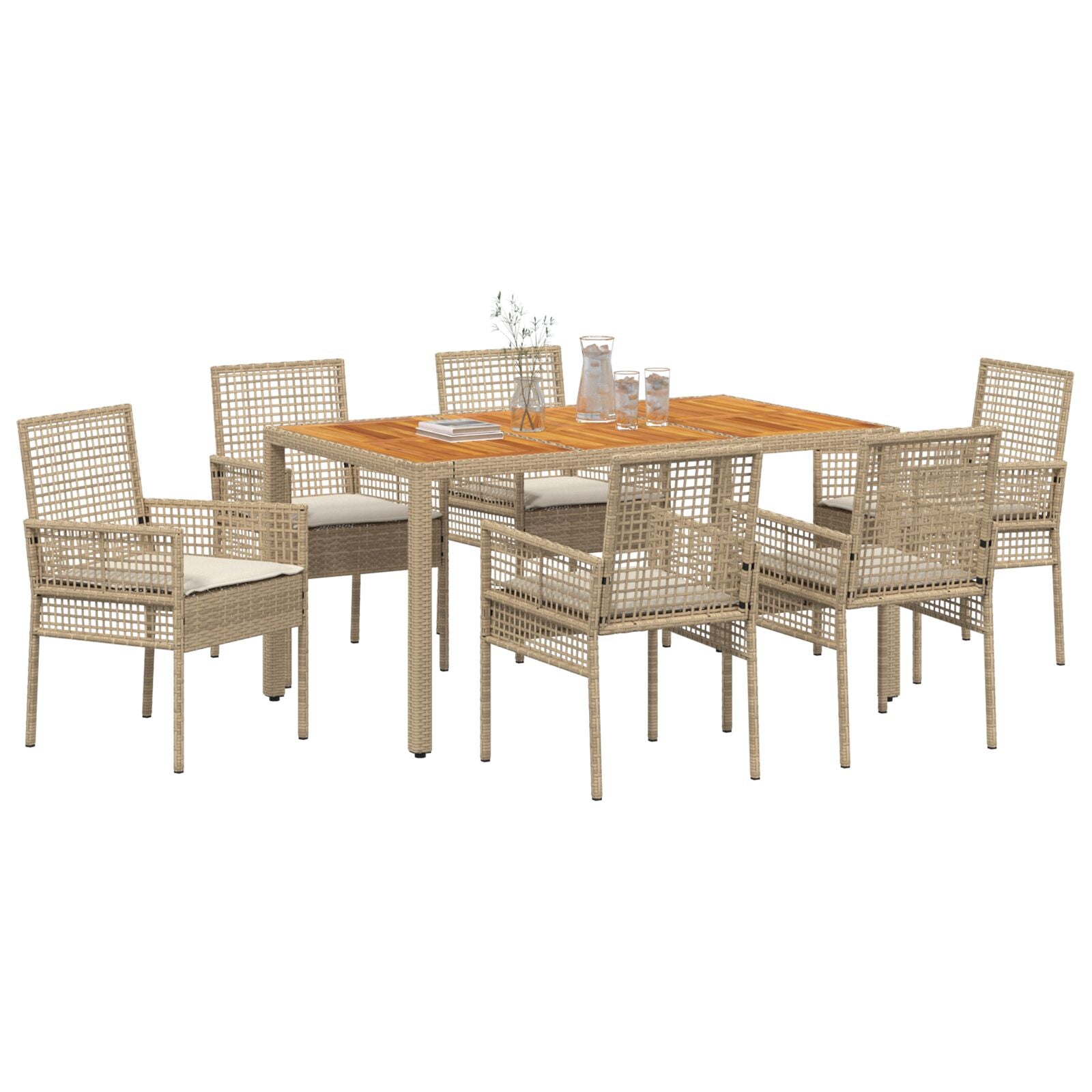 7 Delige Tuin Eetset Met Kussens Beige Poly Rattan