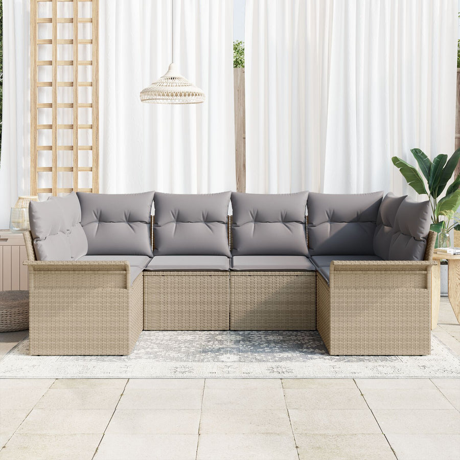 6-Delige Tuinbankset Met Kussens Beige Poly Rattan