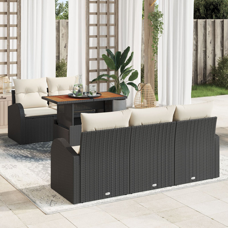 6-Delige Tuin Eet Set Met Kussens Zwart Poly Rattan Acacia