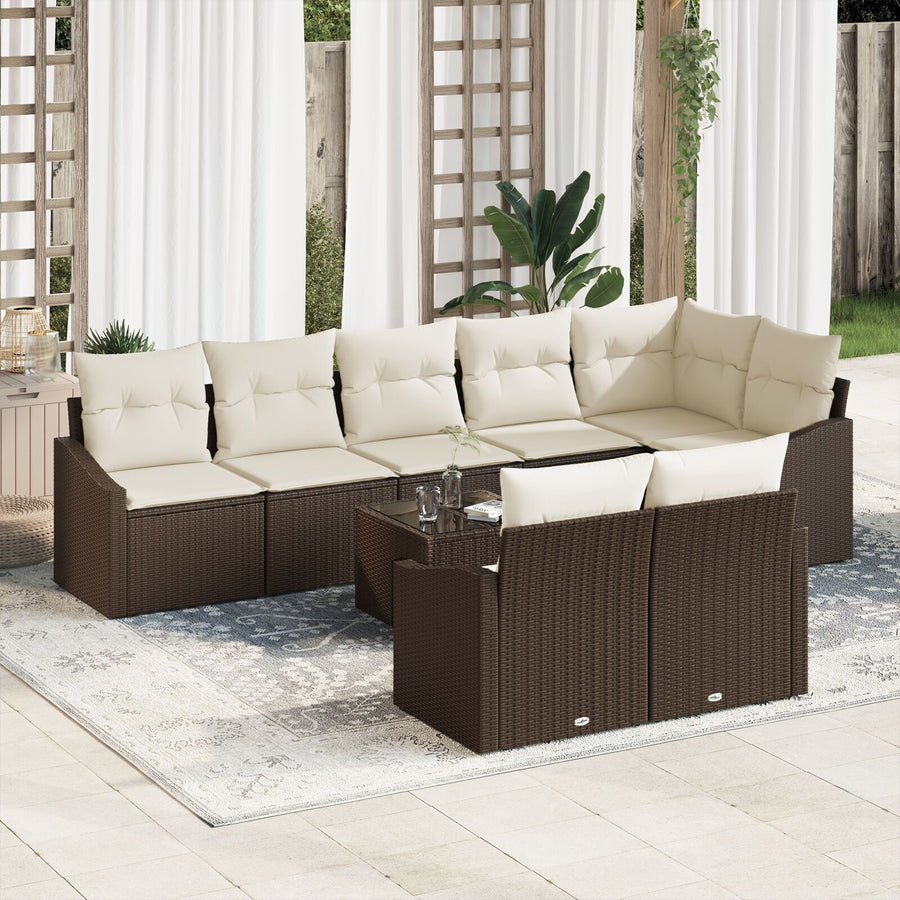 Tuin Eetset Set Van 9 Crème En Bruin Rattan En Polyester Tuinsofa