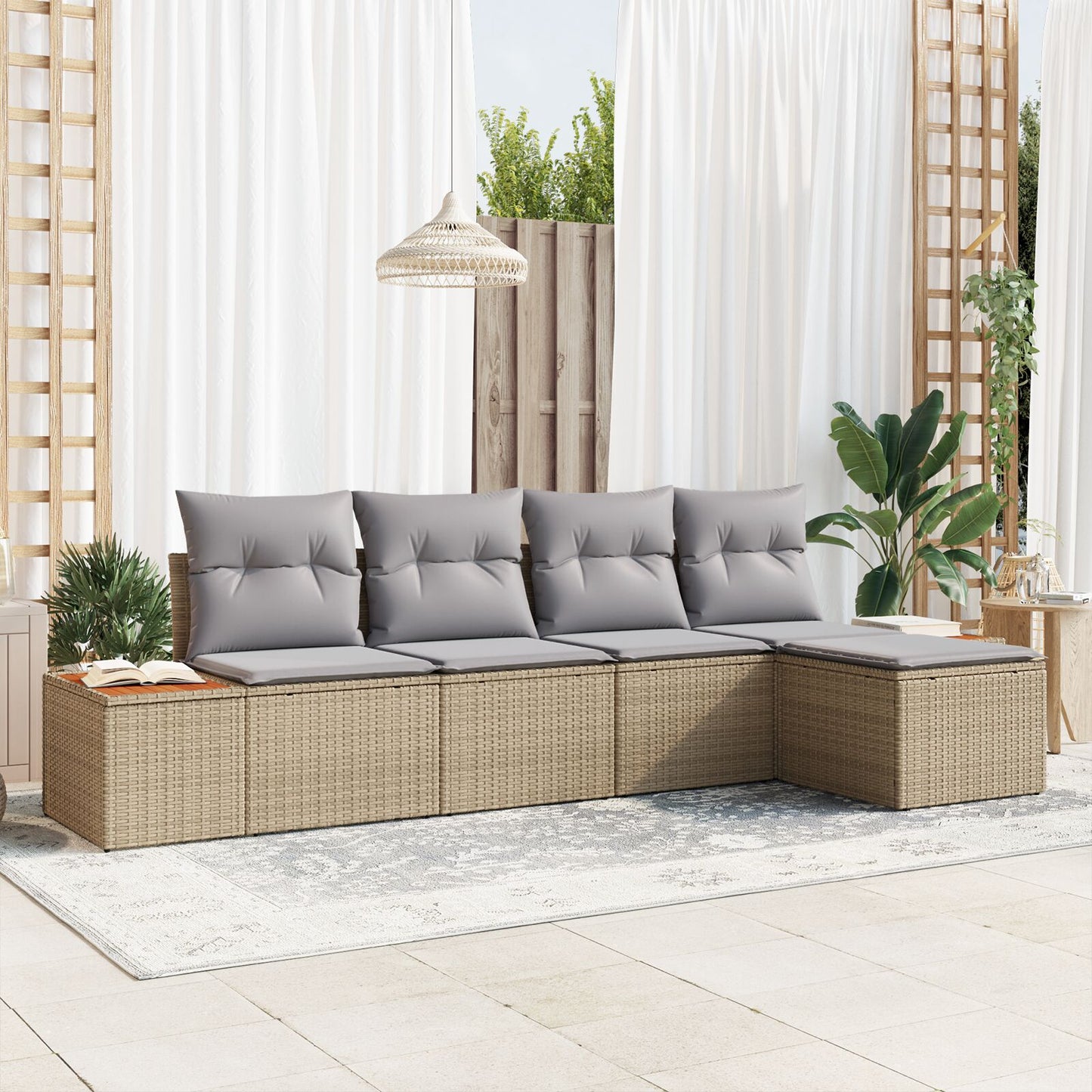 5-Delige Tuinbankstel Met Kussens Beige Poly Rattan Acacia