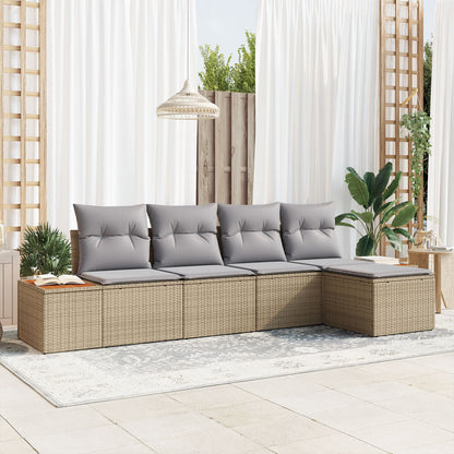 5-Delige Tuinbankstel Met Kussens Beige Poly Rattan Acacia