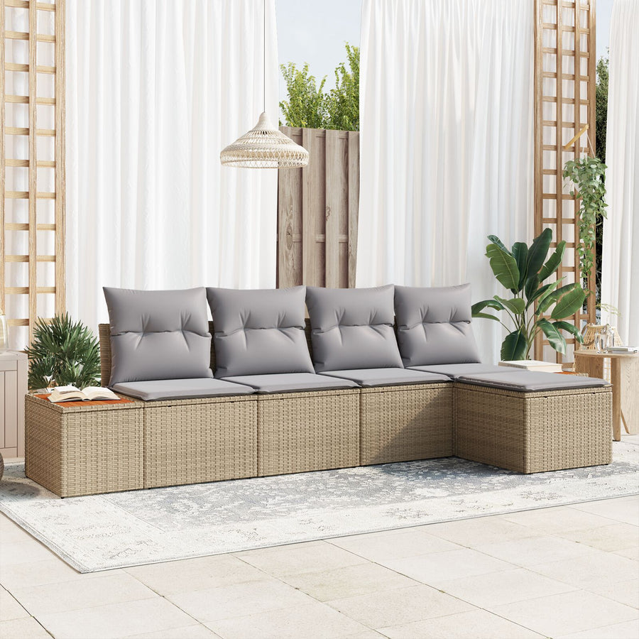 5-Delige Tuinbankstel Met Kussens Beige Poly Rattan Acacia