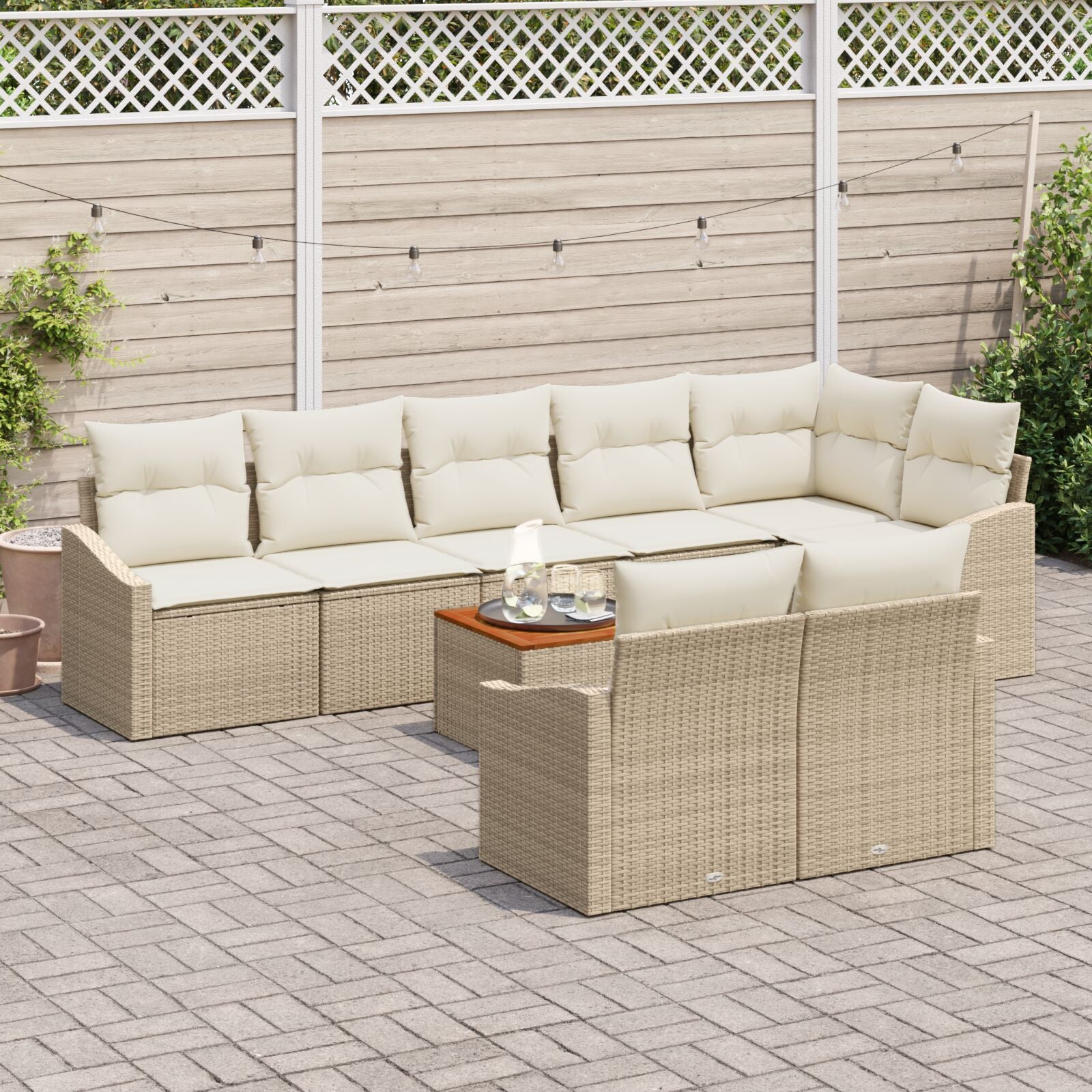 9-Delige Tuinsofa Set Met Kussens Beige Poly Rattan Acacia