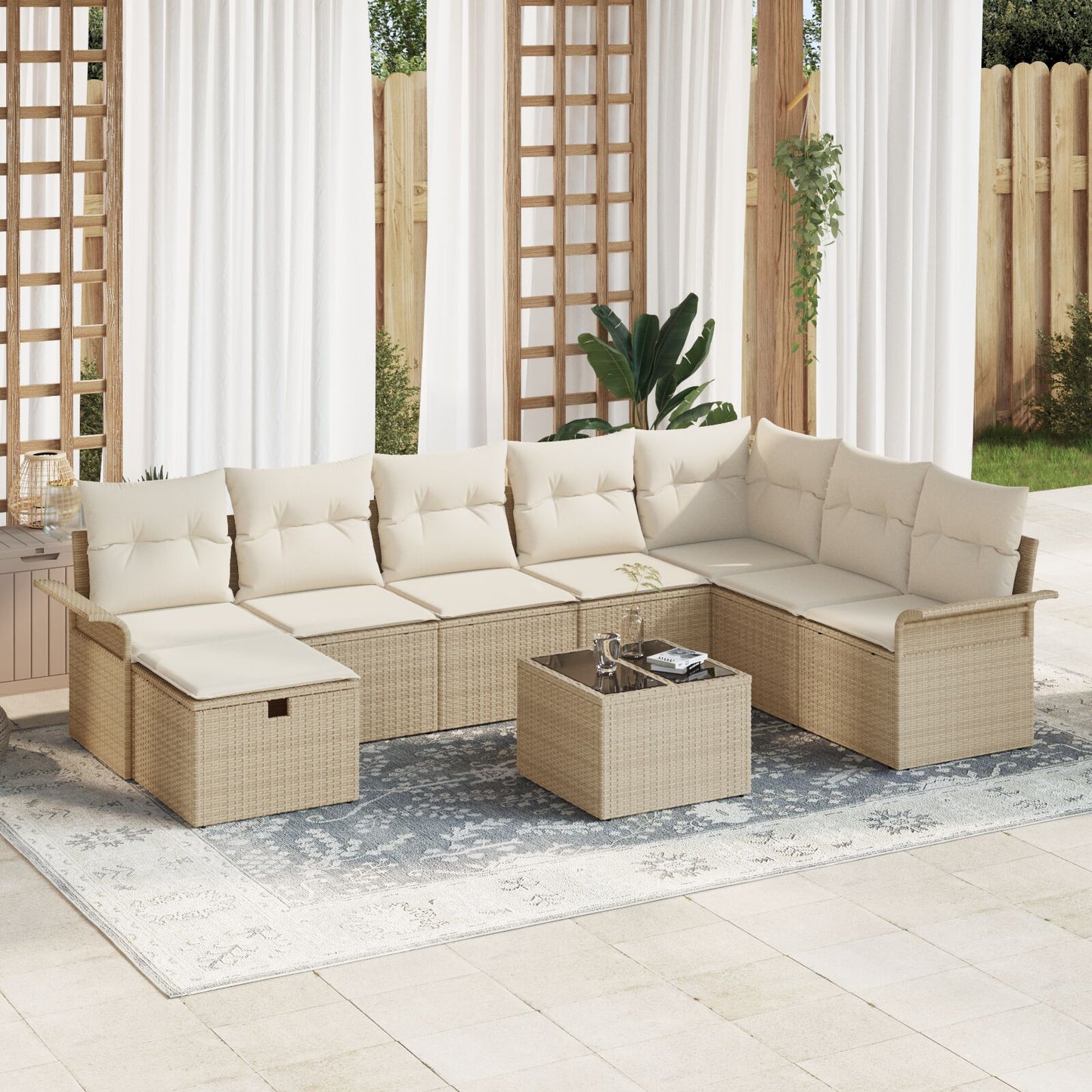 9-Delige Tuin Sofa Set Met Kussens Beige Poly Rattan, 2-Zits Tuin Sofa Met Opbergruimte & Kussens Beige Poly Rattan Wit