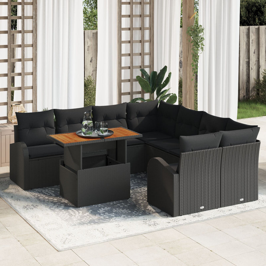 9-Delige Tuin Eettafel Set Met Kussens Zwart Poly Riet Acacia