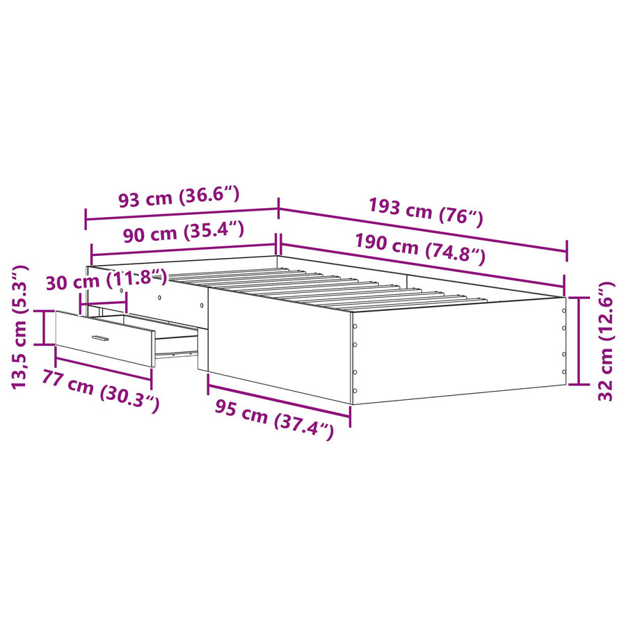 Bed Frame Artisan Eiken 90X190 Cm Engineered Wood Ambachtelijk Eiken