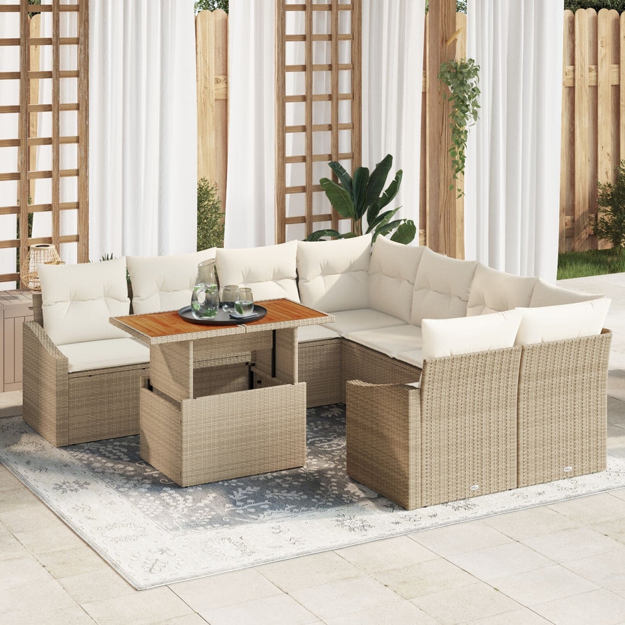 9-Delige Tuinset Met Kussens Beige Poly Rattan Acacia