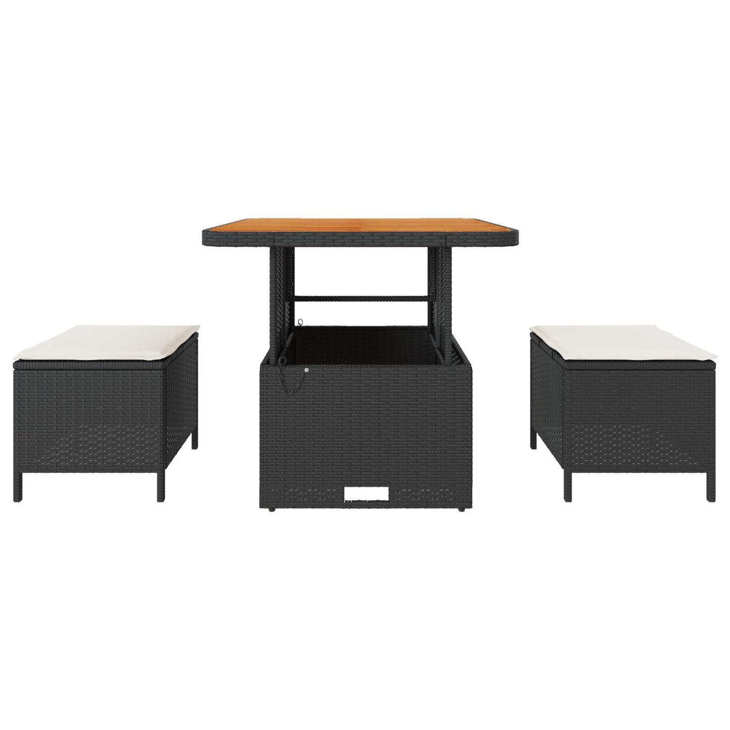 3-Delige Tuin Eetset Met Kussens Poly Rattan Acacia 80 cm Zwart en crème 2 stoelen