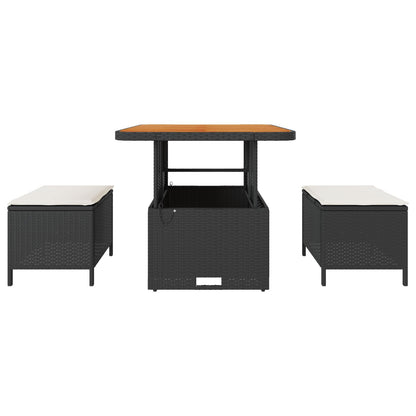3-Delige Tuin Eetset Met Kussens Poly Rattan Acacia 80 cm Zwart en crème 2 stoelen