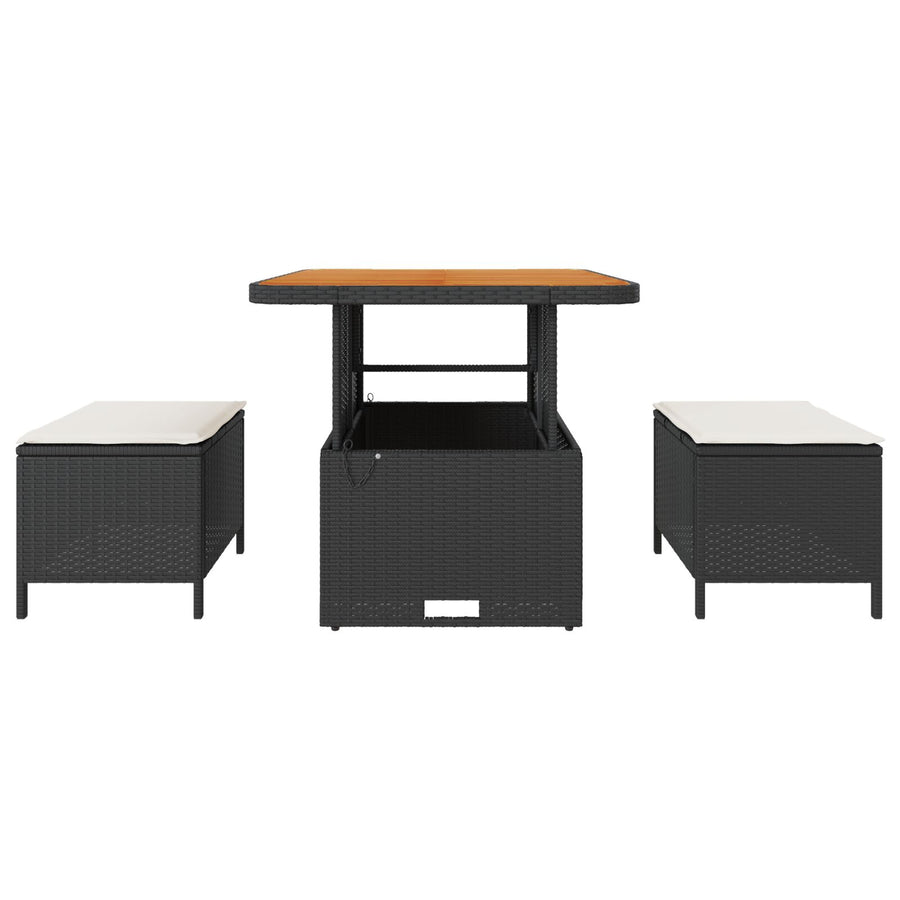3-Delige Tuin Eetset Met Kussens Poly Rattan Acacia 80 cm Zwart en crème 2 stoelen