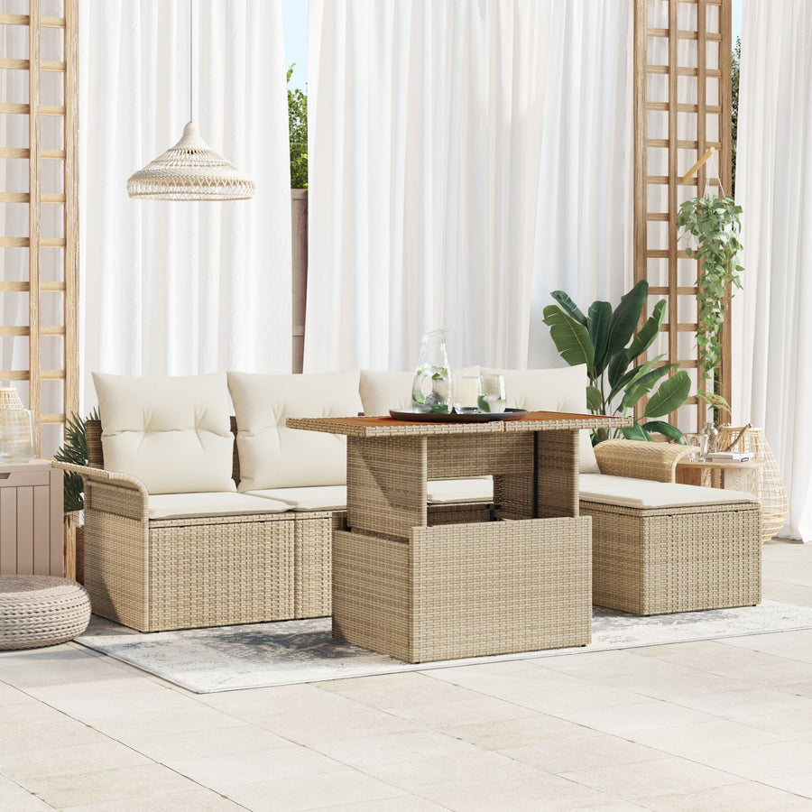 6-Delige Tuin Eetset Met Kussens Beige Poly Rattan Acacia