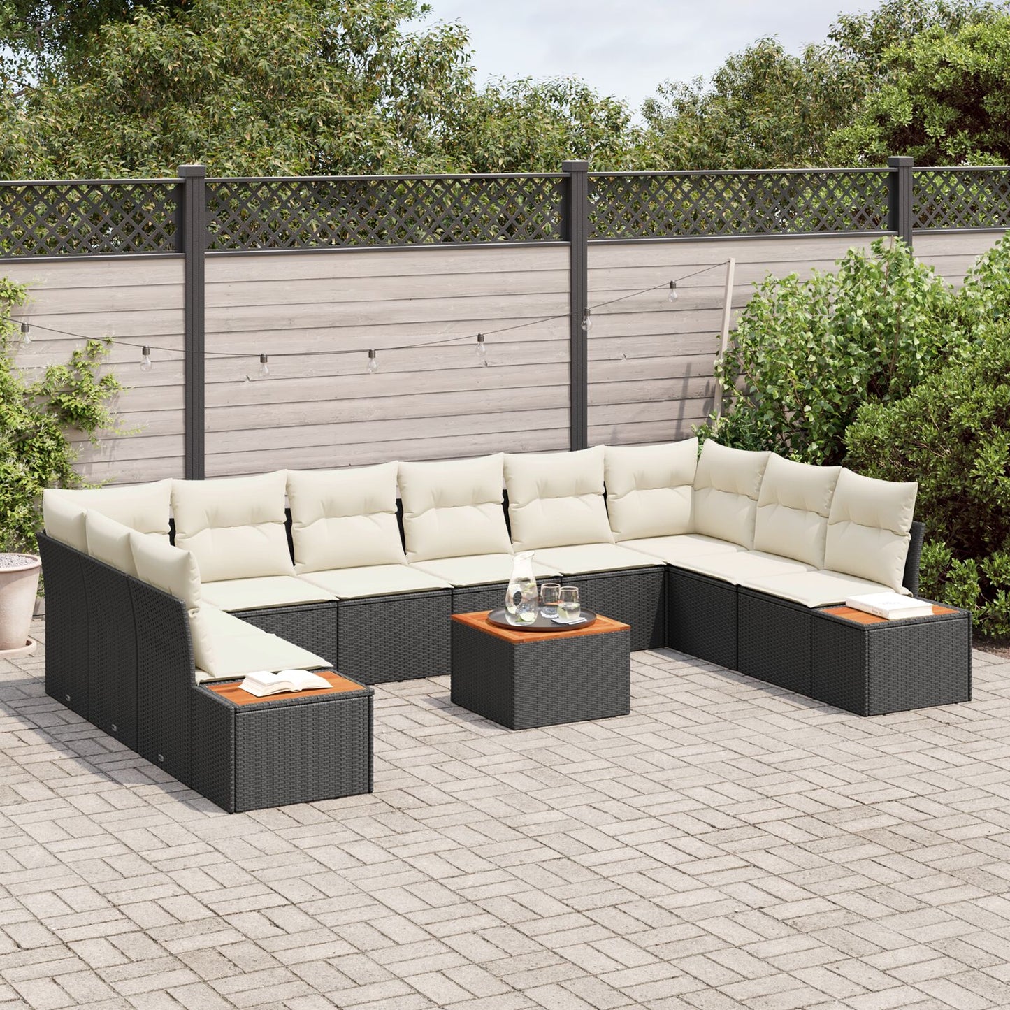 11-Delige Tuinbank Set Met Kussens Zwart Poly Rattan Acacia