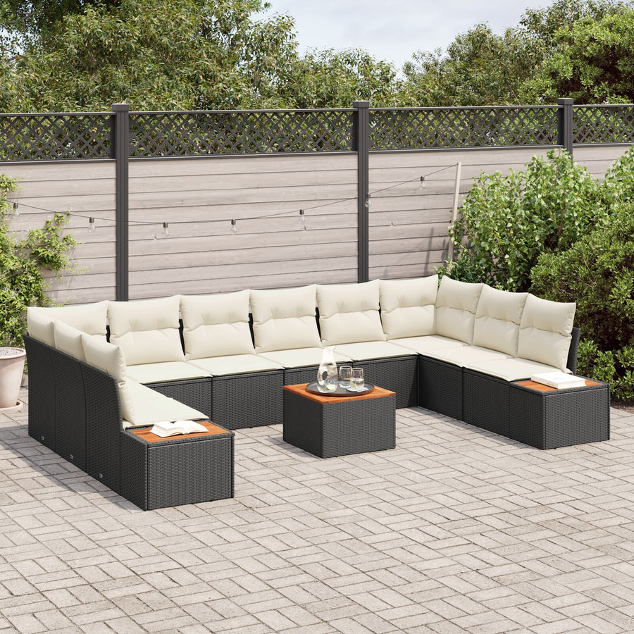 11-Delige Tuinbank Set Met Kussens Zwart Poly Rattan Acacia
