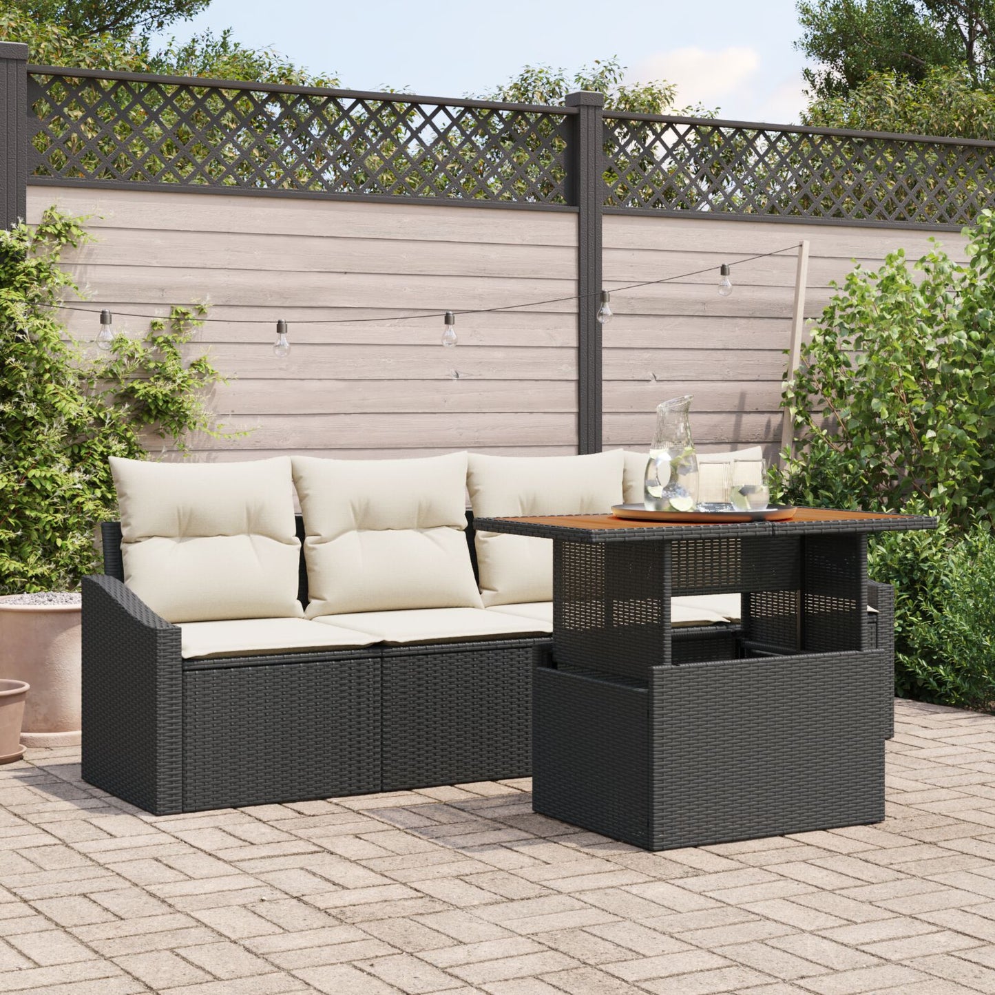Tuin Sofa Set 5-Delig Zwart En Crème Rattan, Polyester