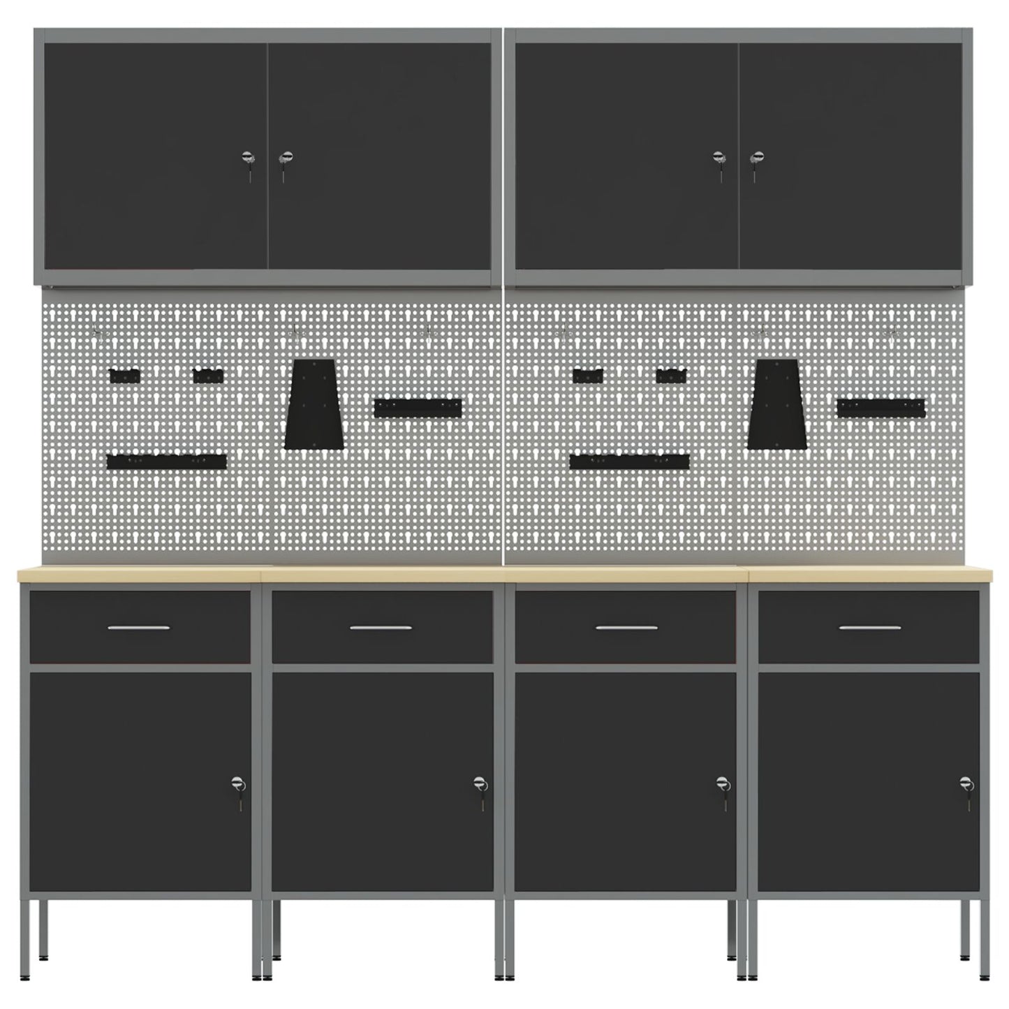 10-Delige Werkcabinet En Pegboard Set Mdf En Metaal 4x (84 cm) Zwart 4x kast + 4x pegboard + 2x gereedschapskast