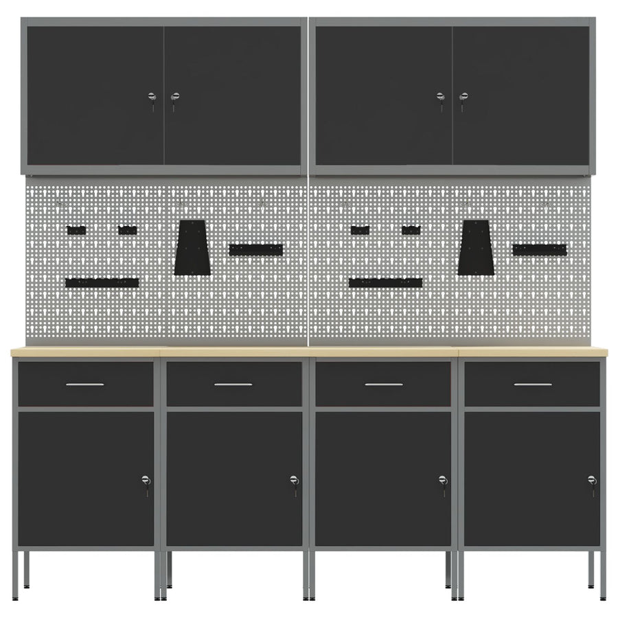 10-Delige Werkcabinet En Pegboard Set Mdf En Metaal 4x (84 cm) Zwart 4x kast + 4x pegboard + 2x gereedschapskast