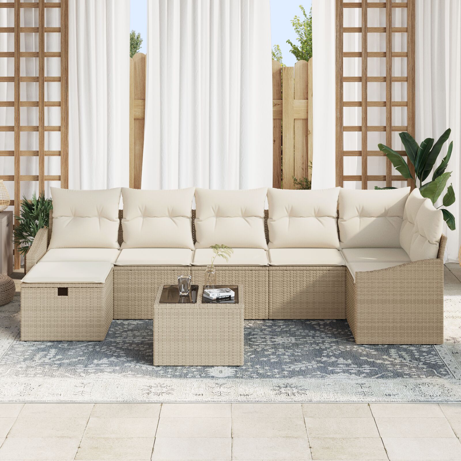 8-Delige Tuinbankset Met Kussens Beige Poly Rattan Wit