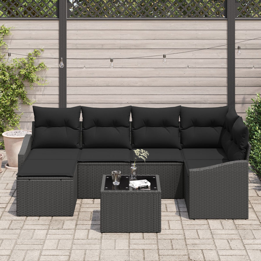 Tuin Dinerset Set Van 7 Zwart Rattan, Polyester