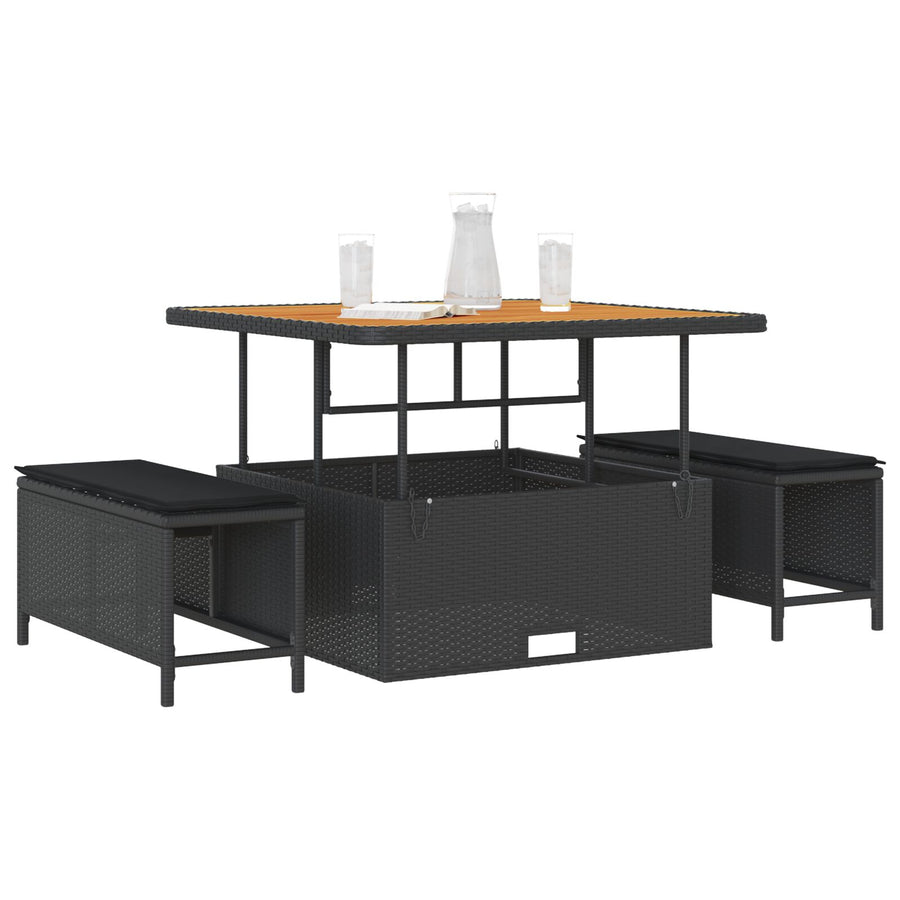 3-Delige Tuin Dinerset Met Kussens Poly Rattan Acacia 100 cm Zwart 2 krukken