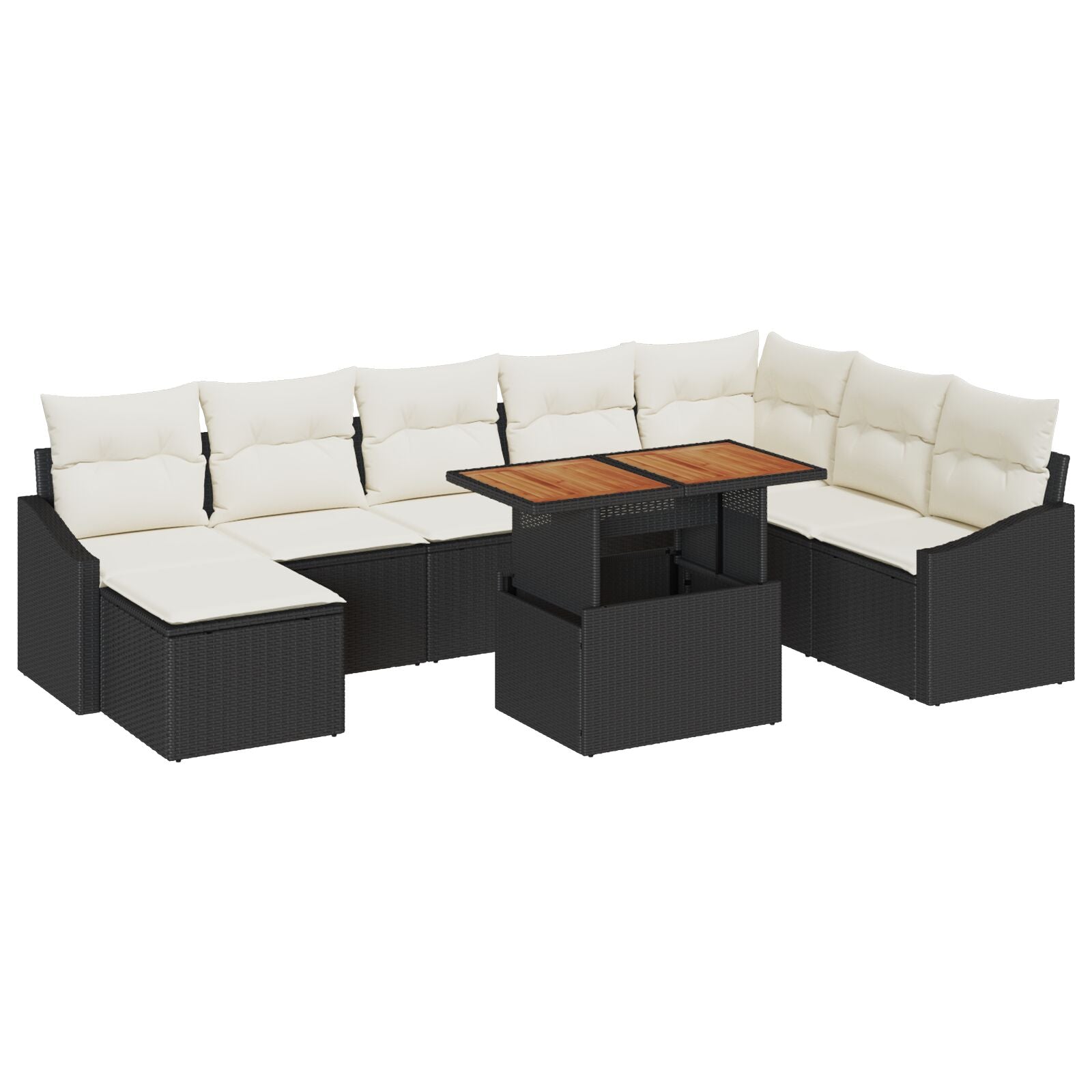 9-Delige Tuin Eetset Met Kussens Zwart Poly Rattan Acacia