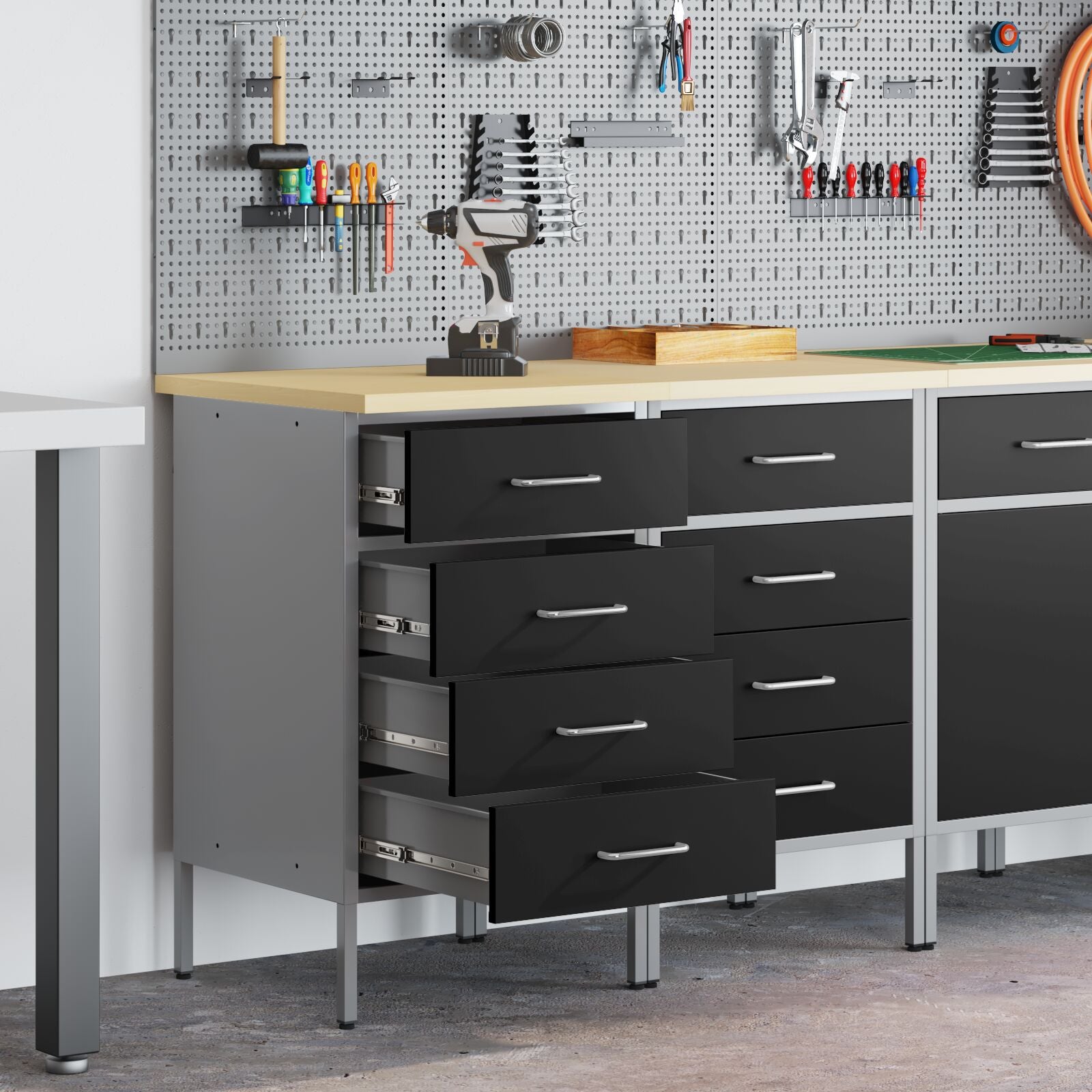 Werkbank Set Van 2 En Grijs Gengineerd Hout En Staal 2x (85 cm) Zwart 2x kast