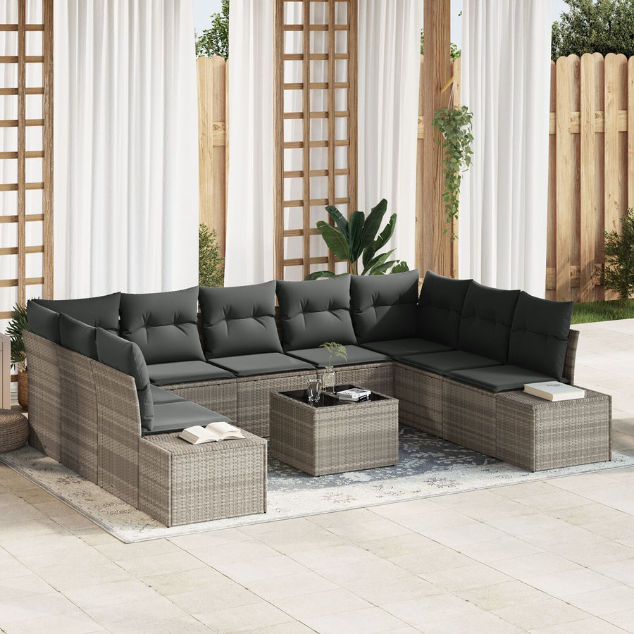 10-Delige Tuin Sofa Set Met Kussens Lichtgrijs Poly Rattan