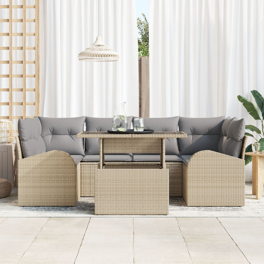 7-Delige Tuinbankset Met Kussens Beige Poly Riet