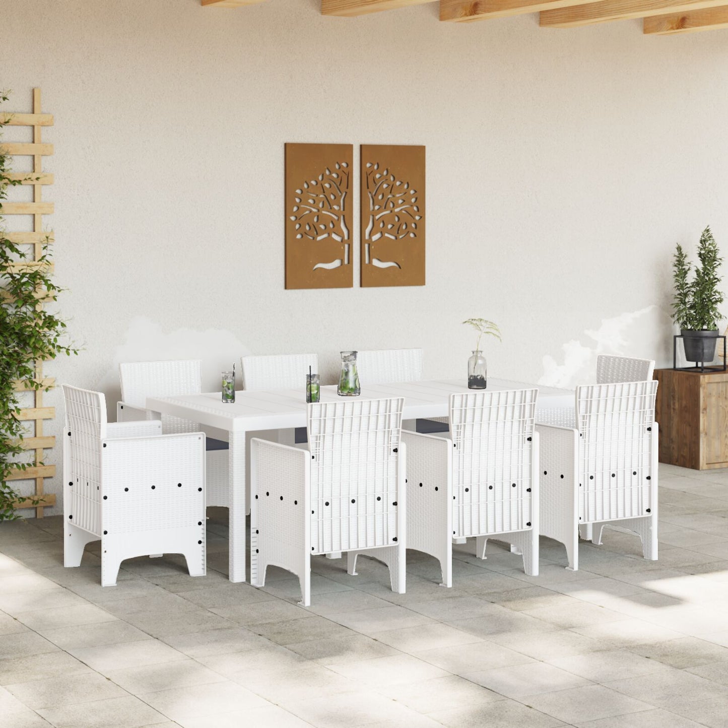 9-Delige Tuin Eetset Met Kussens Wit Poly Rattan