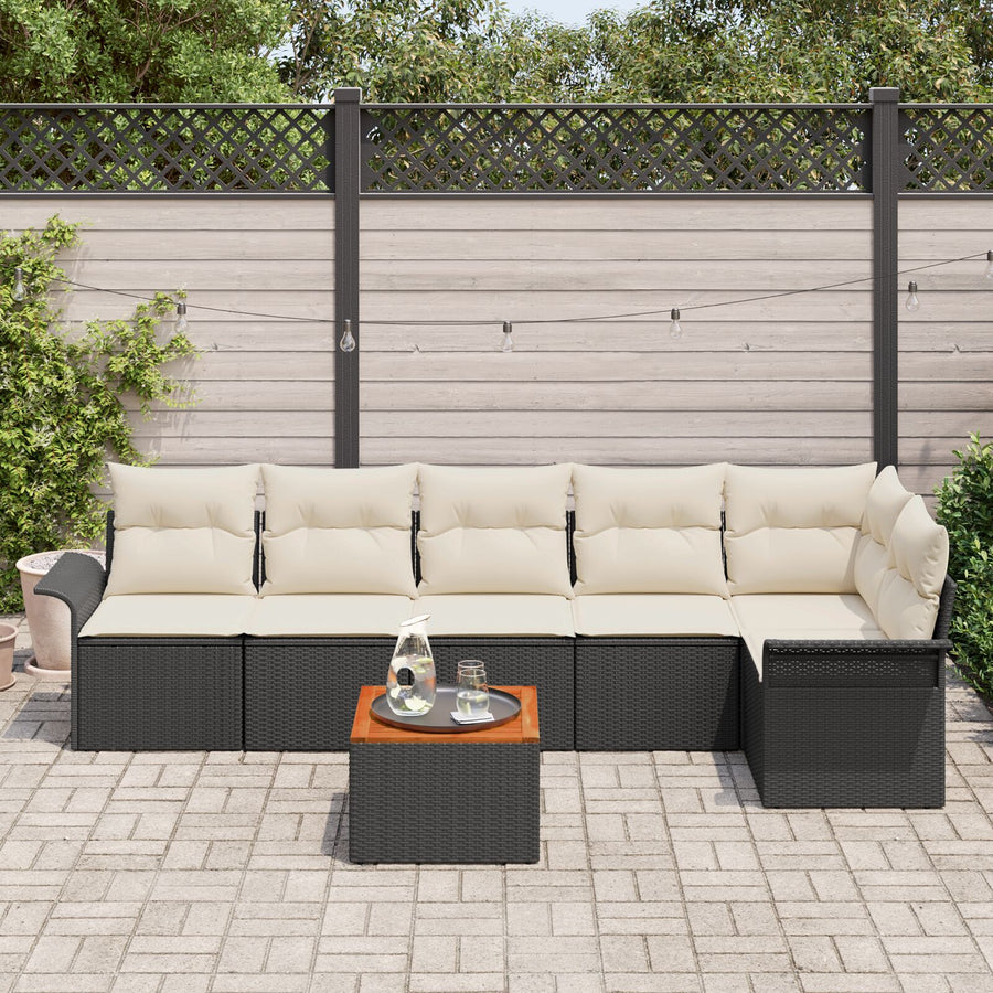 7-Delige Tuin Sofa Set Met Kussens Zwart Poly Rattan Acacia