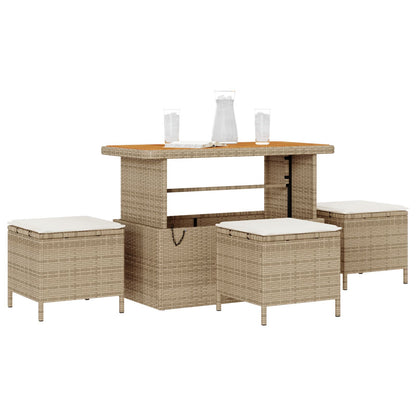 4-Delige Tuin Eetset Met Kussens Poly Rattan Acacia 110 cm Beige en crème 3 krukken