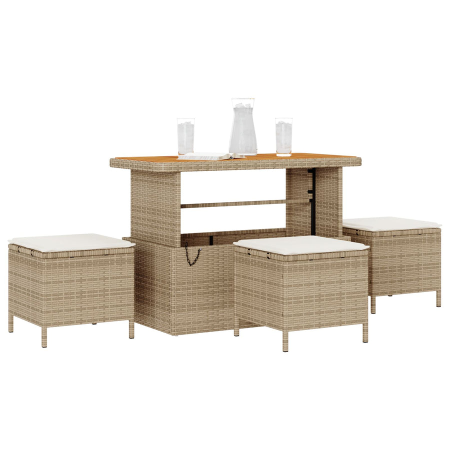 4-Delige Tuin Eetset Met Kussens Poly Rattan Acacia 110 cm Beige en crème 3 krukken
